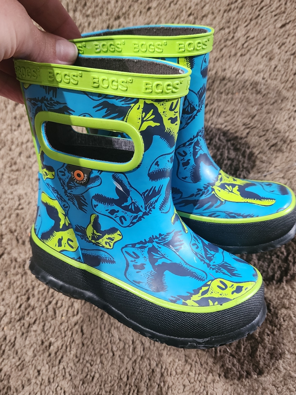 Bogs Kids Blue & Lime Dinosaur Handle Rain Boots